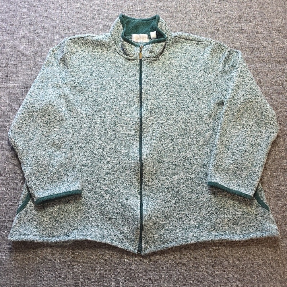 Stan Herman Knit Sweater Full Zip Green White 2XL Womans Long Sleeve